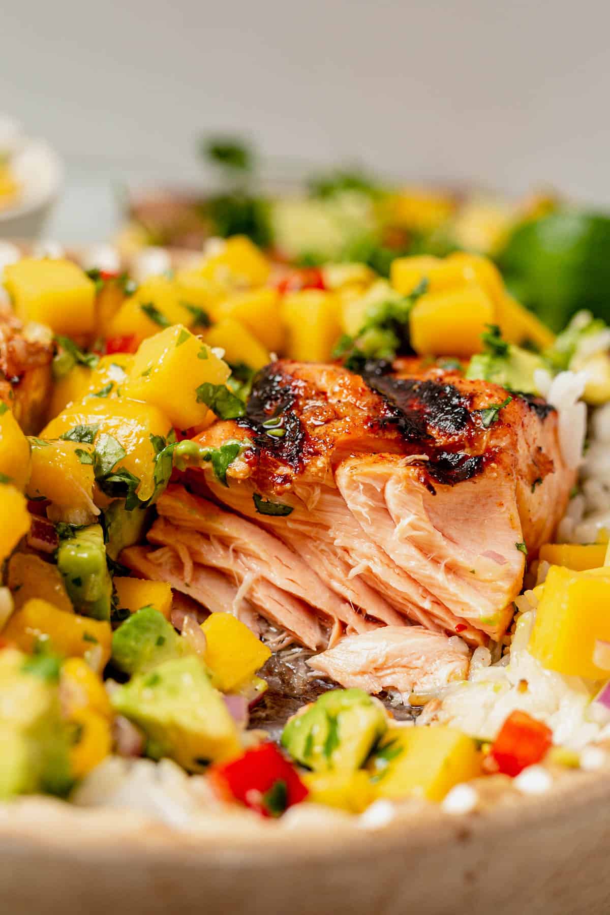 flaky salmon filet with mango salsa on top