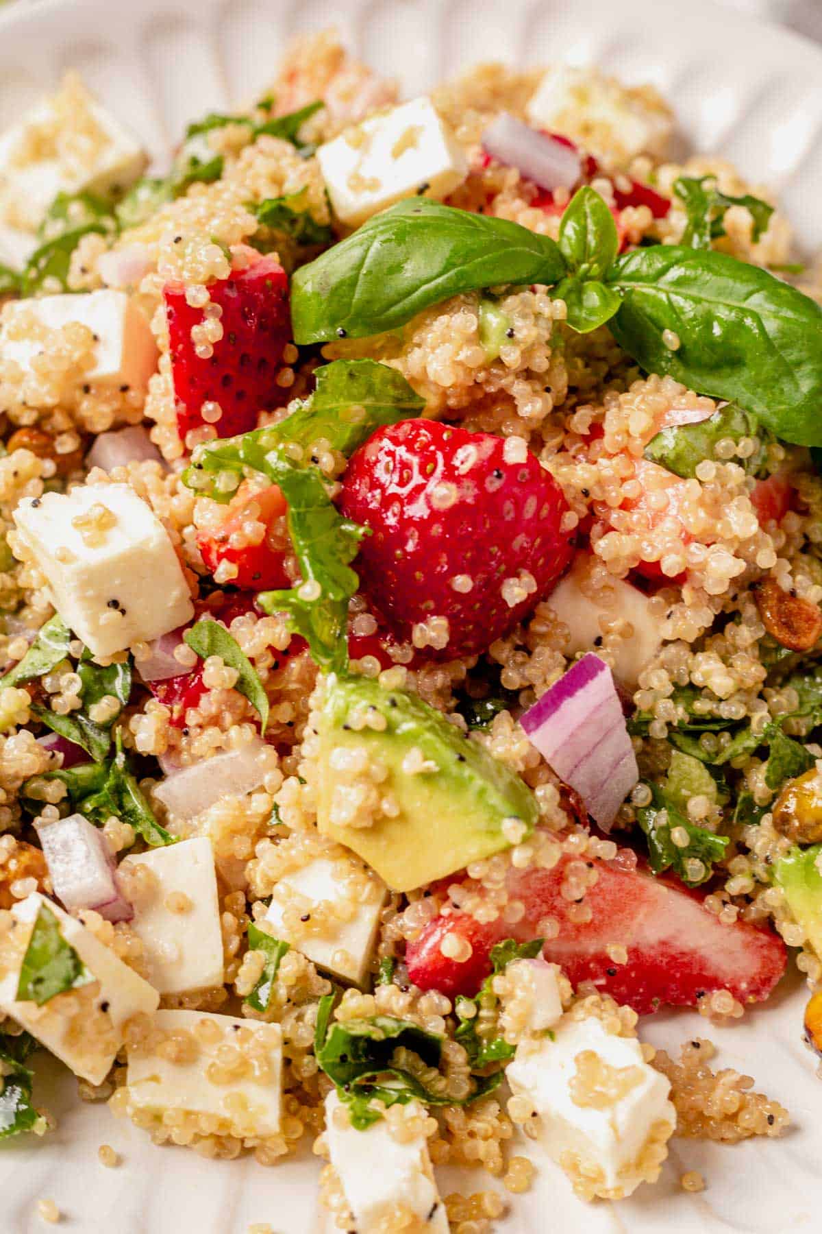 a plate of quinoa salad with fresh basil