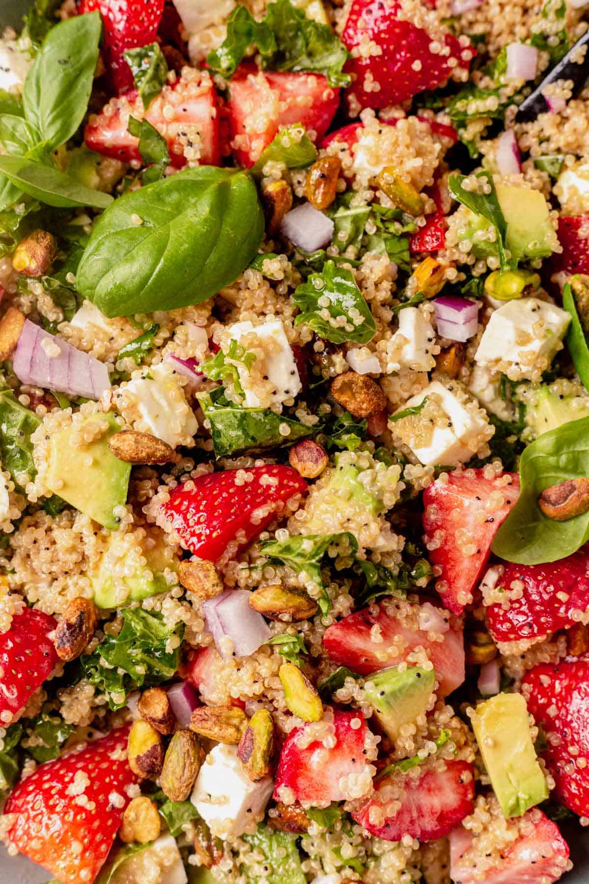 basil, strawberries, quinoa, avocado, onion, and feta tossed in dressing