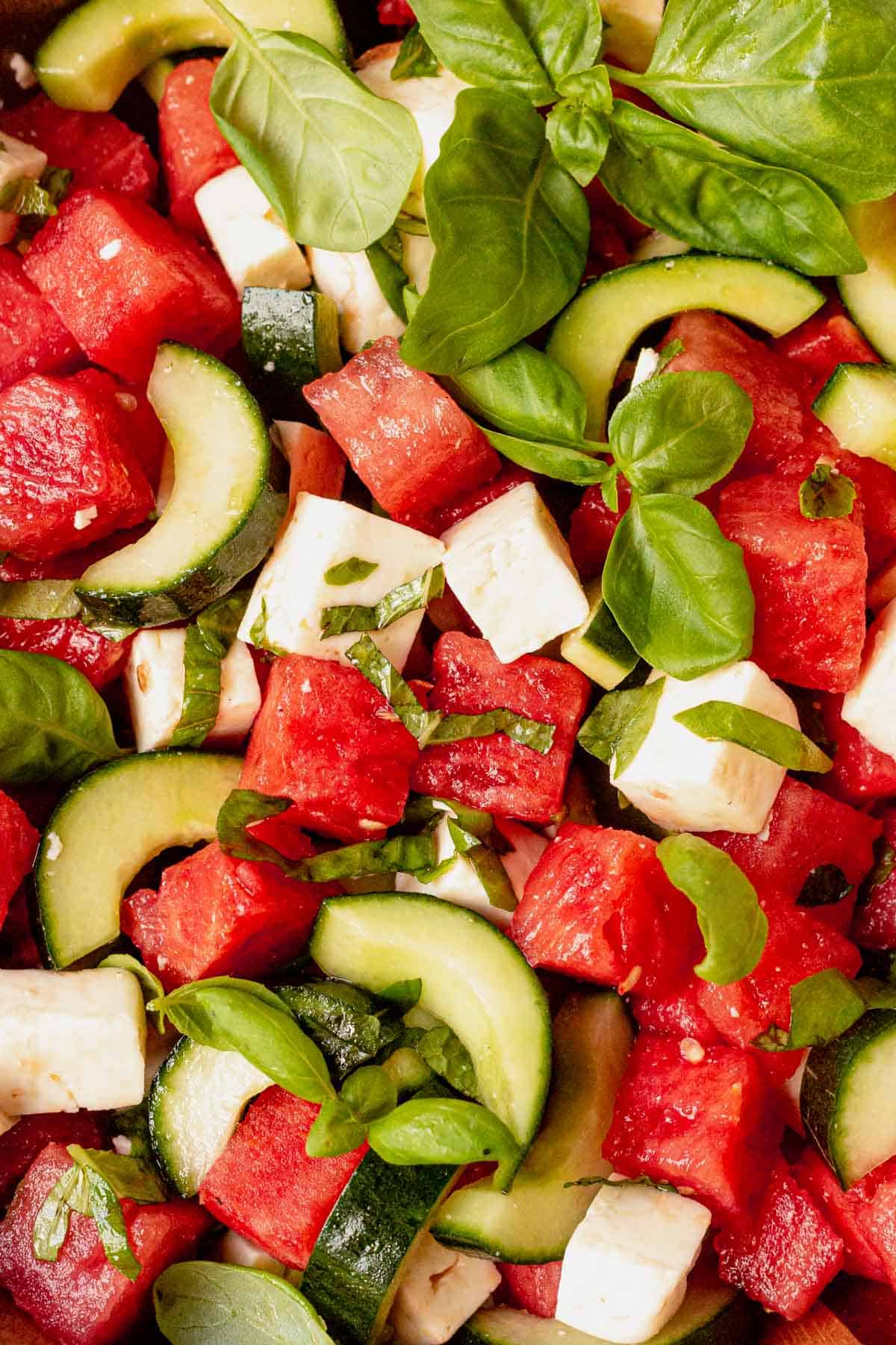 watermelon, basil, and feta with dressing