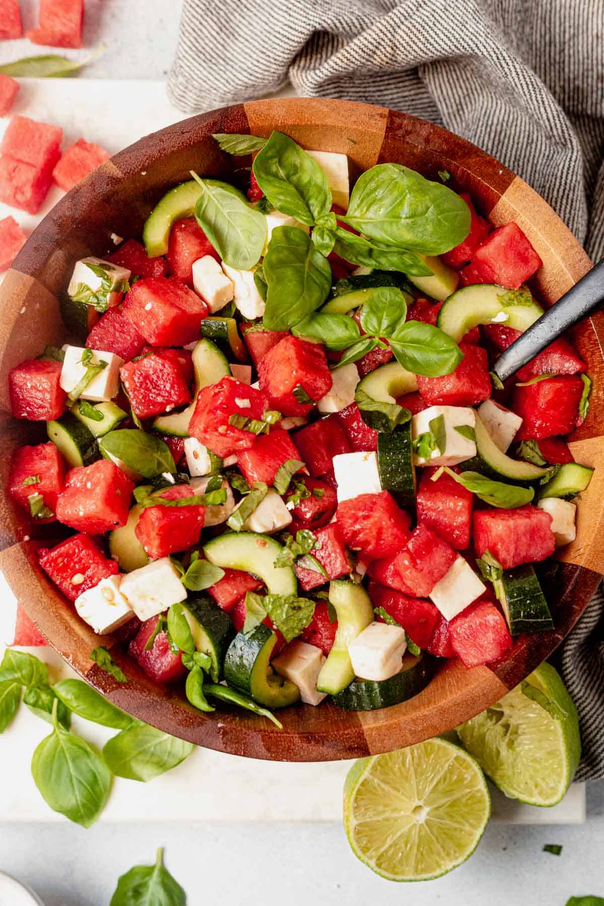 watermelon basil feta salad in a salad bowl