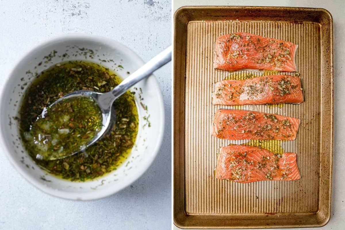 salmon fillets coated in herbs and oil