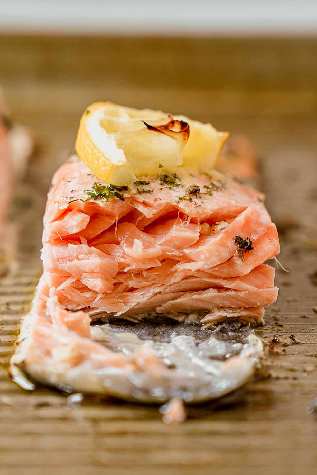 the inside of flaky baked salmon