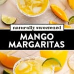 two mango margaritas on the rock on a counter top and then a lime wedge and salt rim glass filled with fresh mango margaritas.