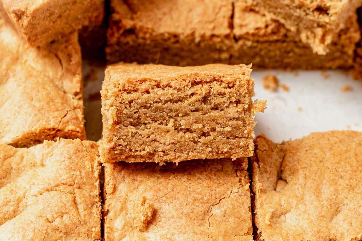 peanut butter cookie bars cut into squares