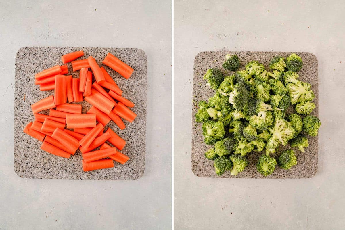 chopped broccoli and carrots on cutting boards