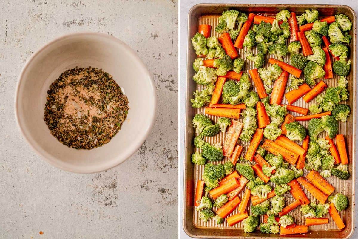seasoned broccoli and carrots on a baking pan