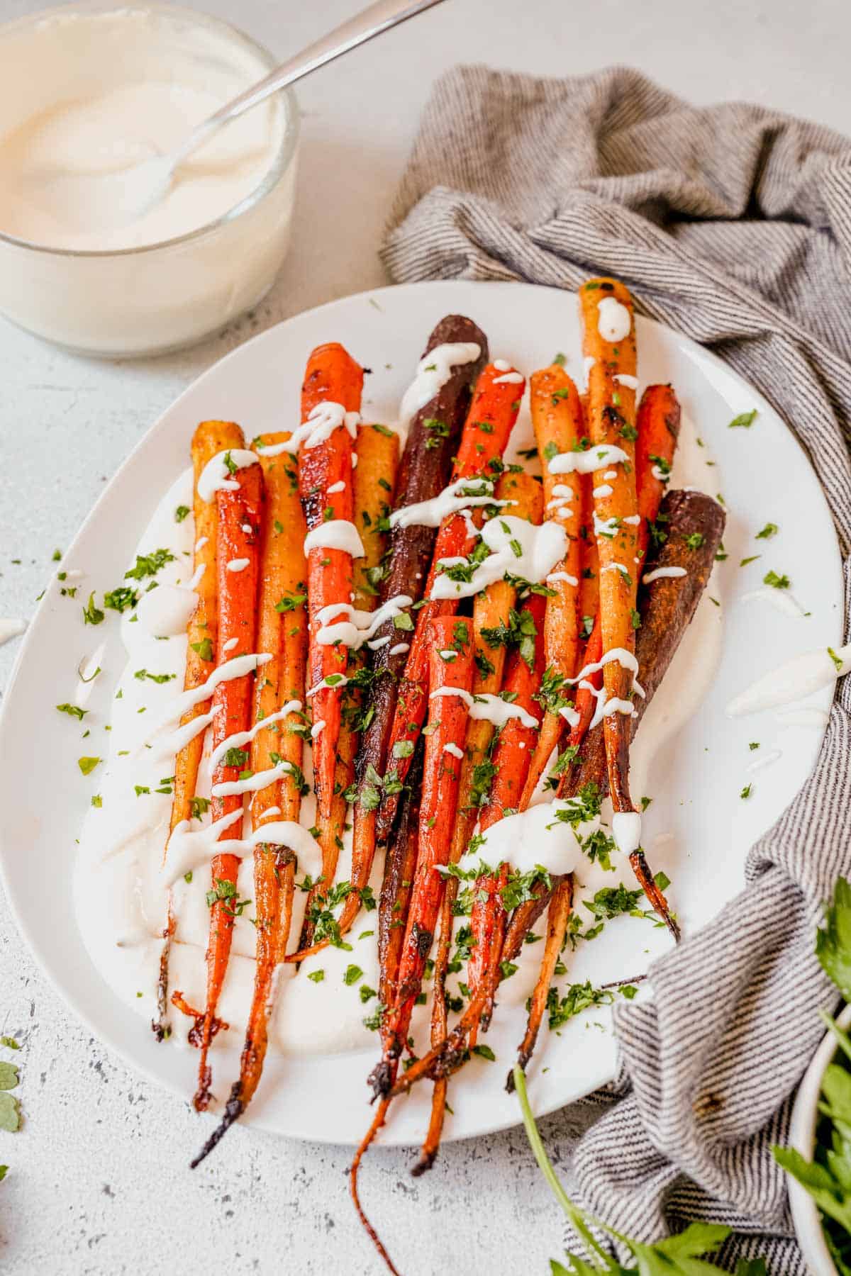 roasted rainbow carrots with fresh herbs and feta sauce