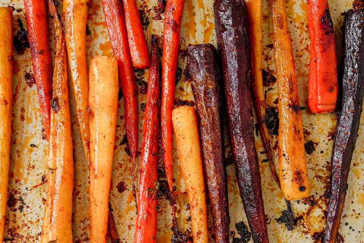 roasted rainbow carrots on a sheet pan