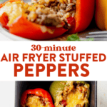 low-carb air fryer stuffed pepper broken into sitting on a plate and then stuffed peppers cooked in an air fryer bin.
