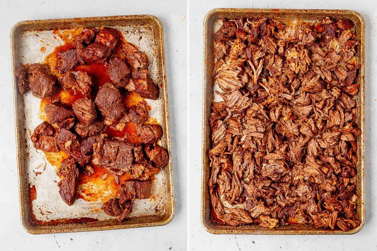 shredded birria beef on a sheet pan