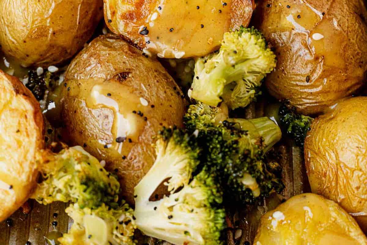 broccoli and roasted potatoes on a sheet pan