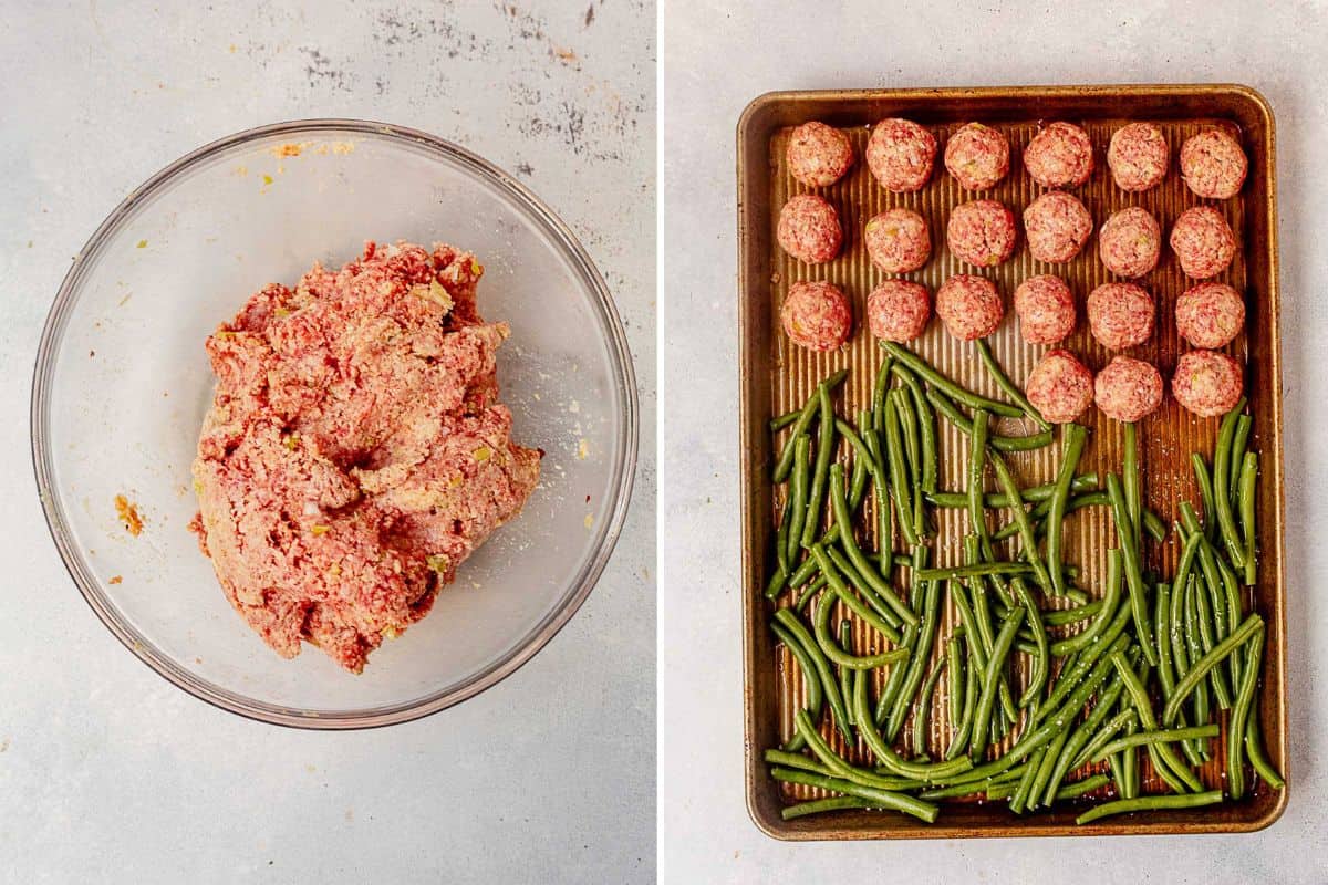 firecracker meatballs on a sheet pan with green beans