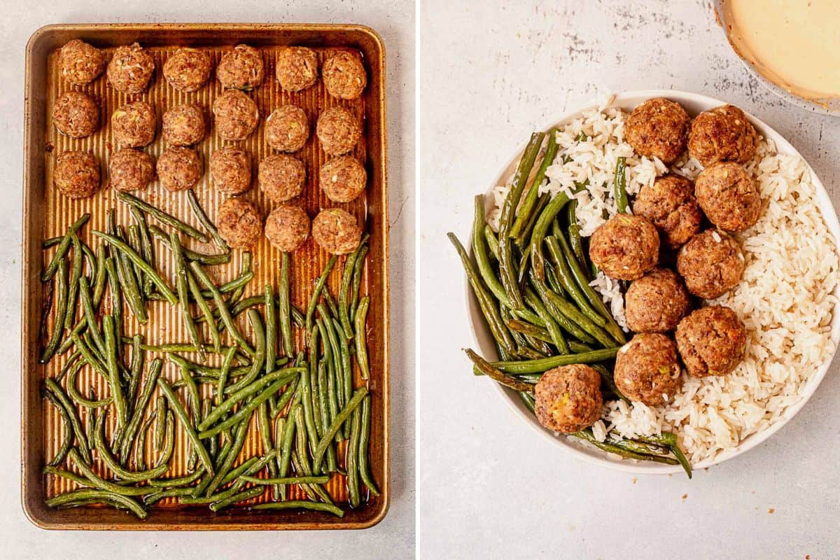 baked firecracker meatballs with roasted green beans