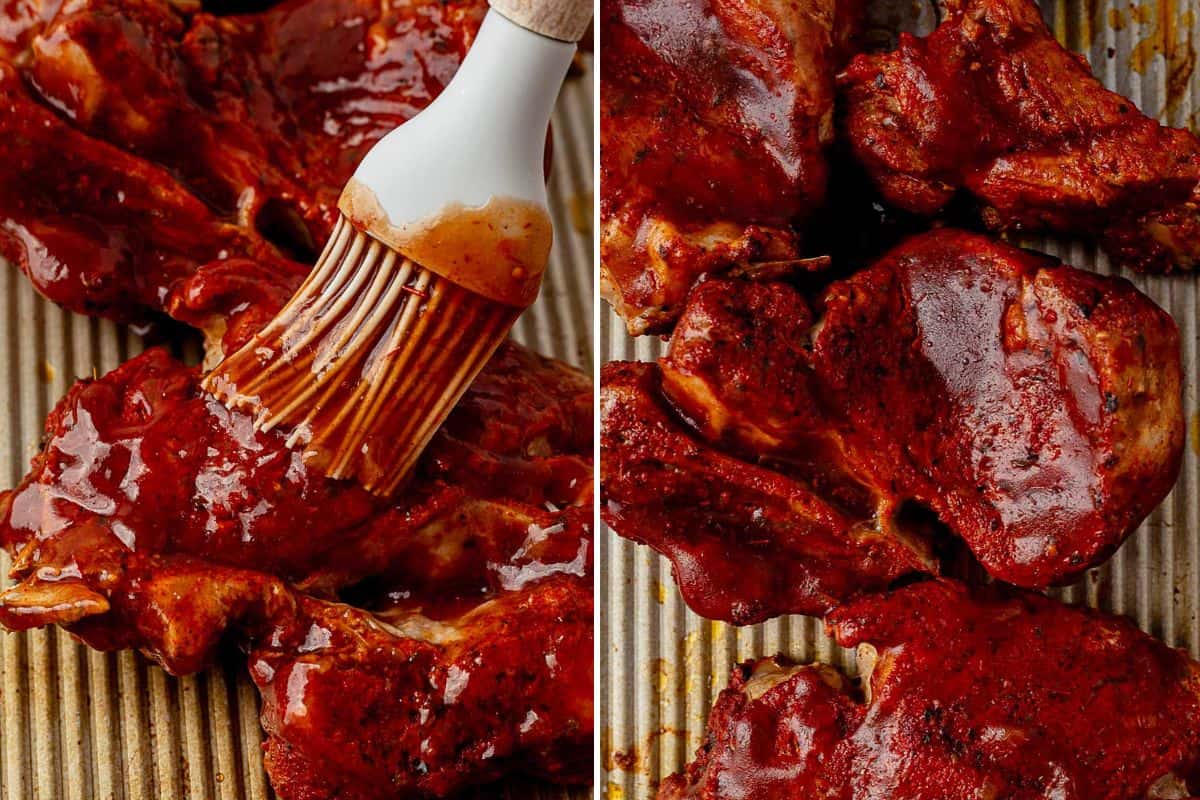 brushing bbq sauce onto country style ribs