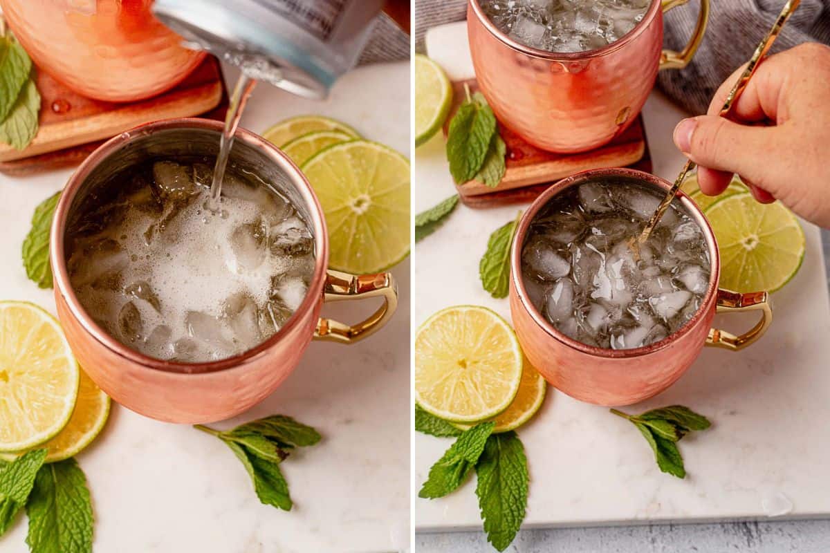 mixing ginger beer into an irish mule
