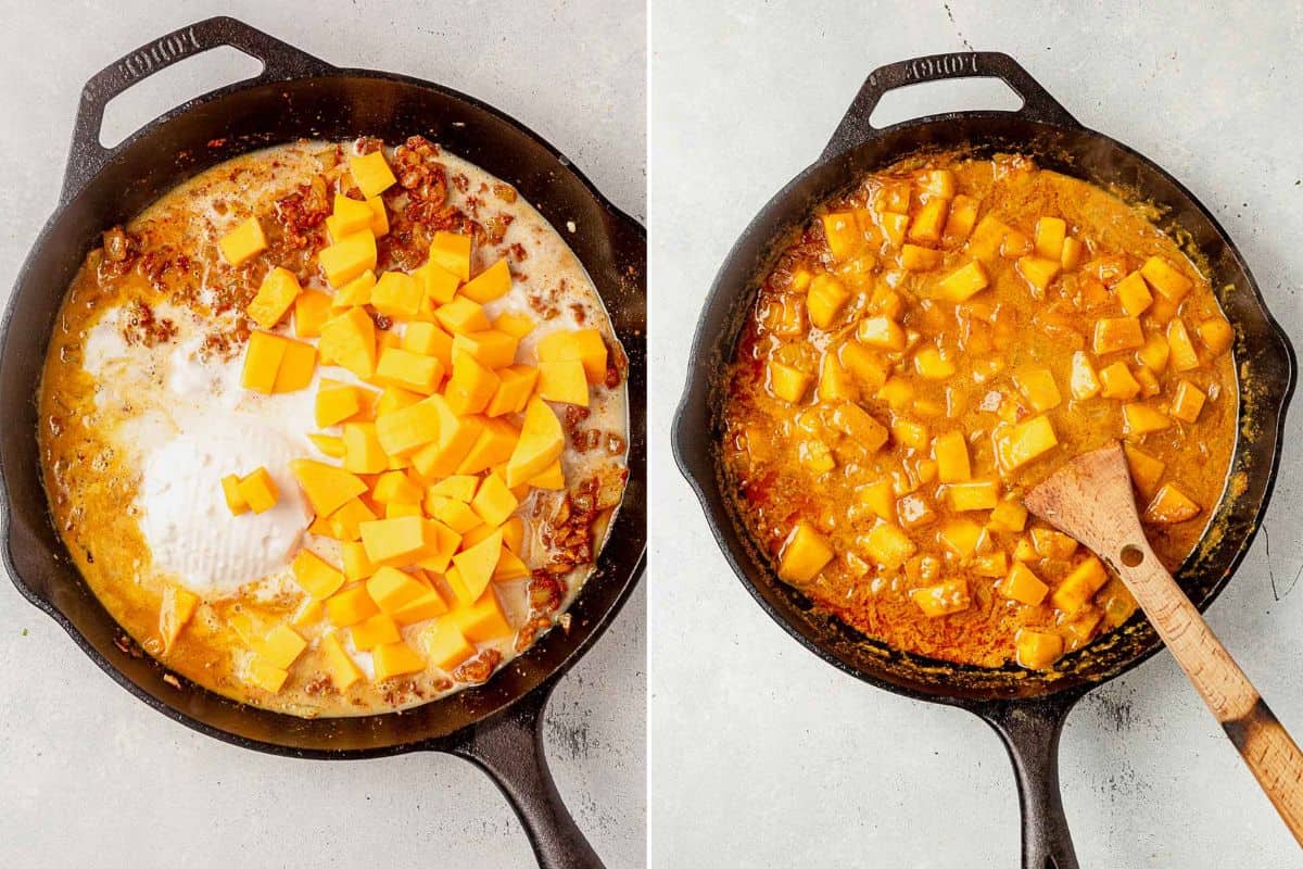 skillet with coconut milk, mango, and curry spices