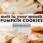 two images of a bite taken out of a pumpkin cookie and then a plate of soft frosted pumpkin cookies