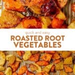 two images of roasted root vegetables on a spatula and then roasted root veggies on a sheet pan