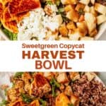 two images in a collage showing fall harvest bowl with text