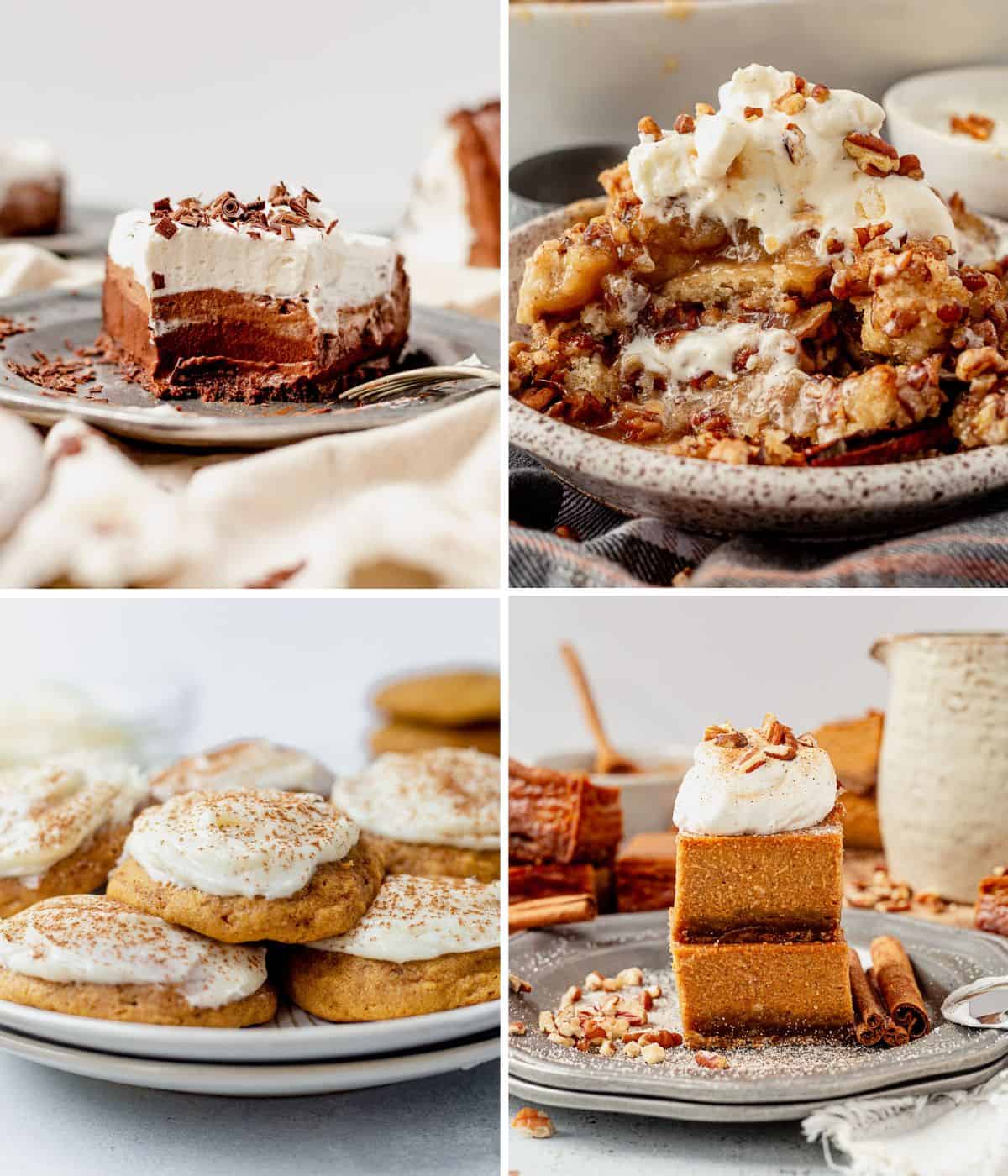 four images of chocolate pie, pecan pie cobbler, pumpkin cookies, and then pumpkin pie bars