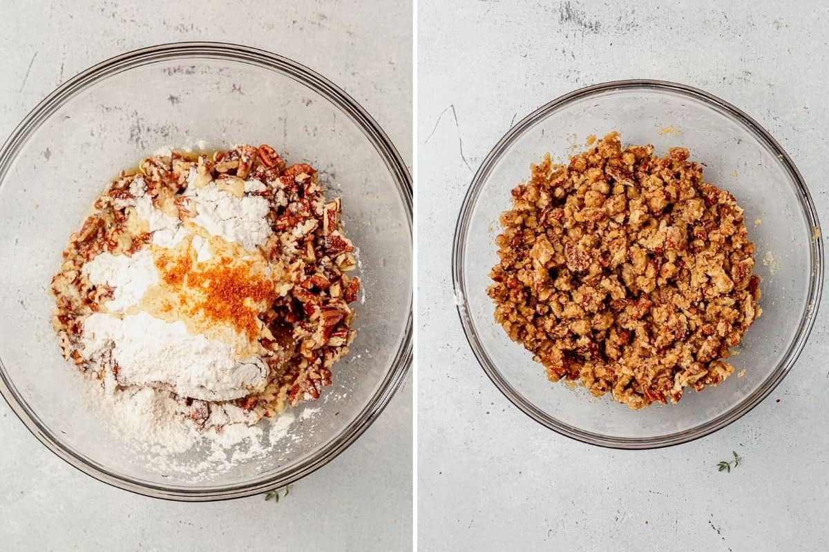 two process shots of pecan topping for acorn squash casserole