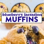 blueberry lactation muffins baked and sitting in a muffin tin and then blueberry lactation muffin with the cupcake liner opened and a bite taken out of the muffin