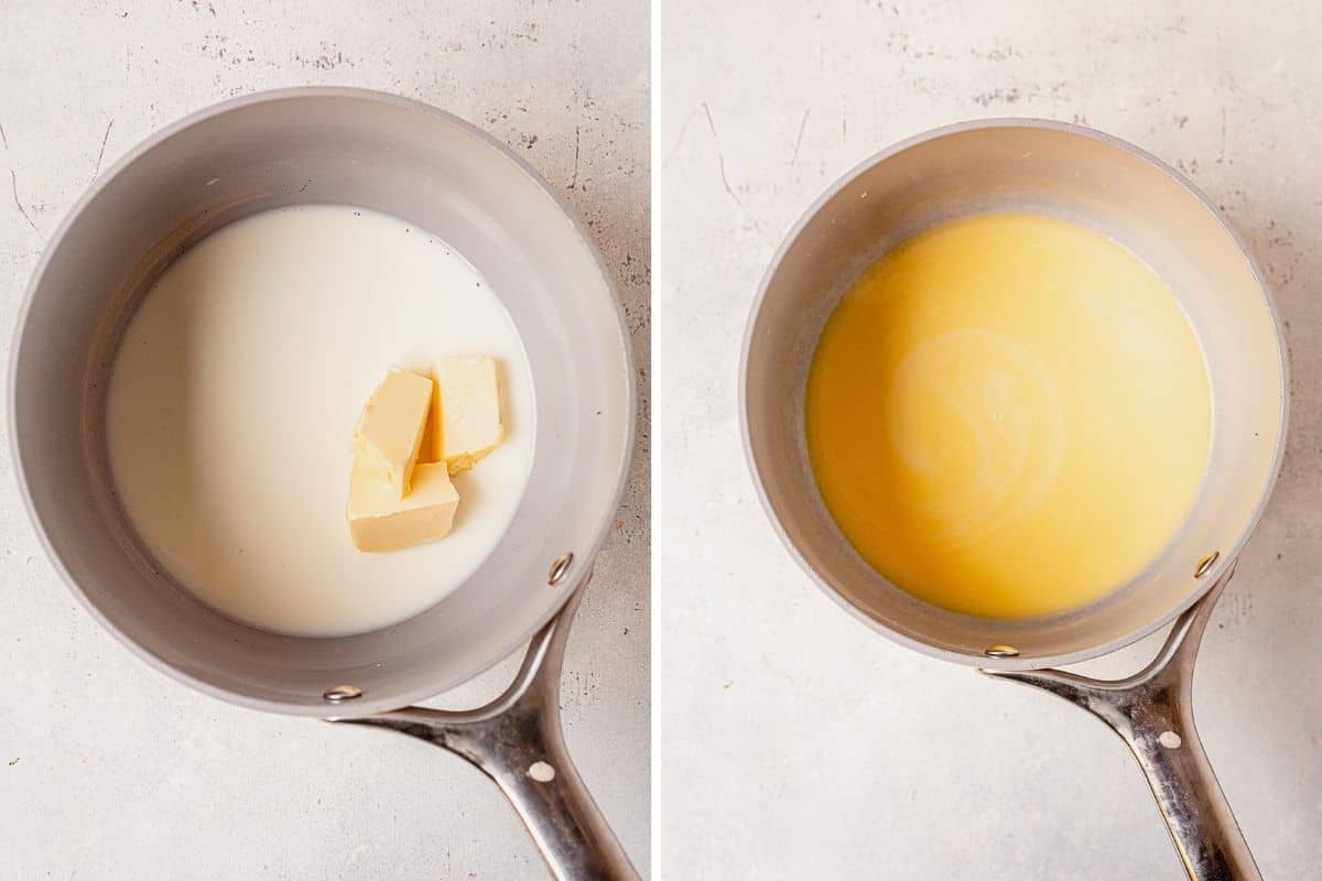 two images showing milk and butter in a saucepan and then them melted together