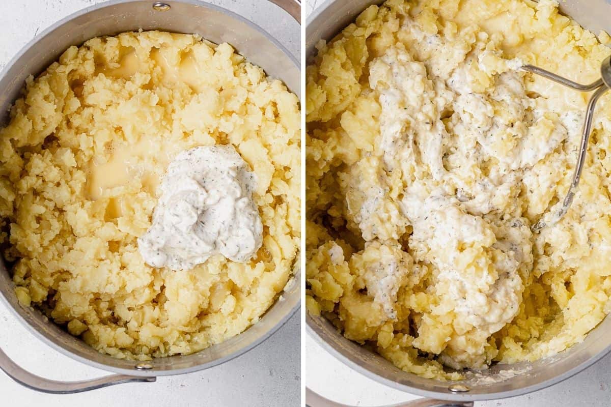 two images showing milk and butter on top of mashed potatoes and then mixed into the potatoes