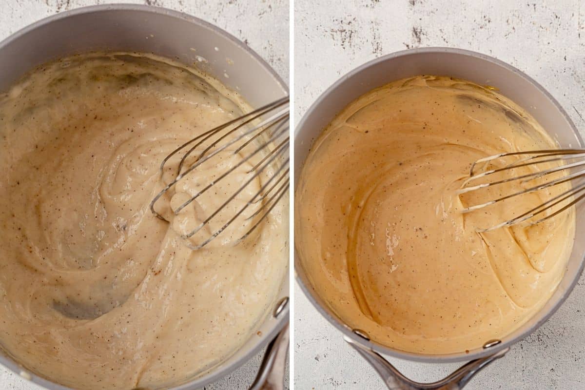 two images showing how to make homemade cream of mushrooom soup then a cheese sauce whisked into it