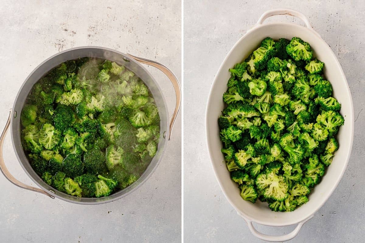 two images showing how to quickly boil broccoli florets then the broccoli drained and added to a casserole dish
