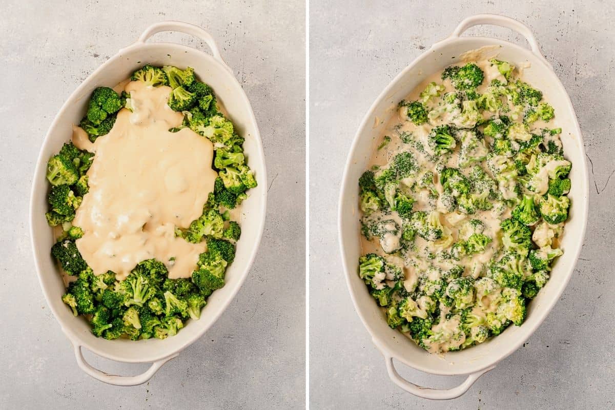 two images showing homemade cheese sauce on top of cooked broccoli then the broccoli and cheese mixed together