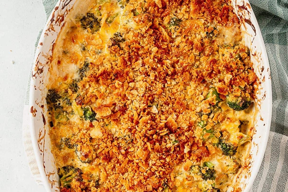 freshly baked broccoli casserole with melted cheese and golden brown ritz topping