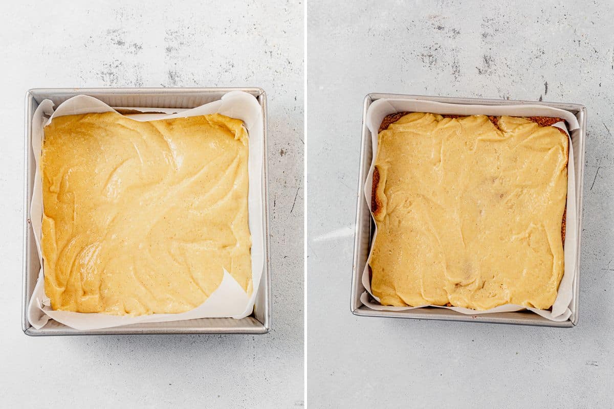 white chocolate blondie batter in a square pan