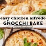 spoon scooping up gnocchi bake and then chicken alfredo gnocchi bake in a cast iron skillet topped with basil