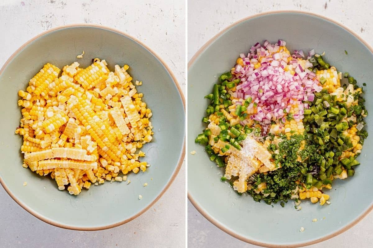 two process shots of roasted corn salsa in a bowl
