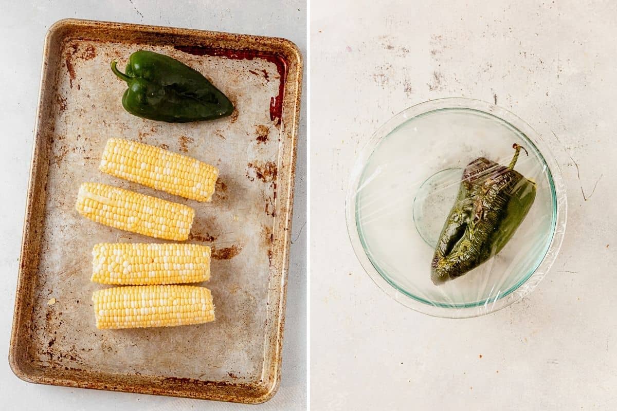 two process shots for roasting corn and peppers for chipotle salsa