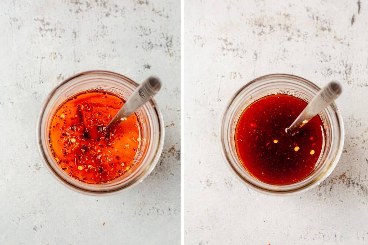 two images showing the ignredients for firecracker sauce in a jar, and then all of them mixed together