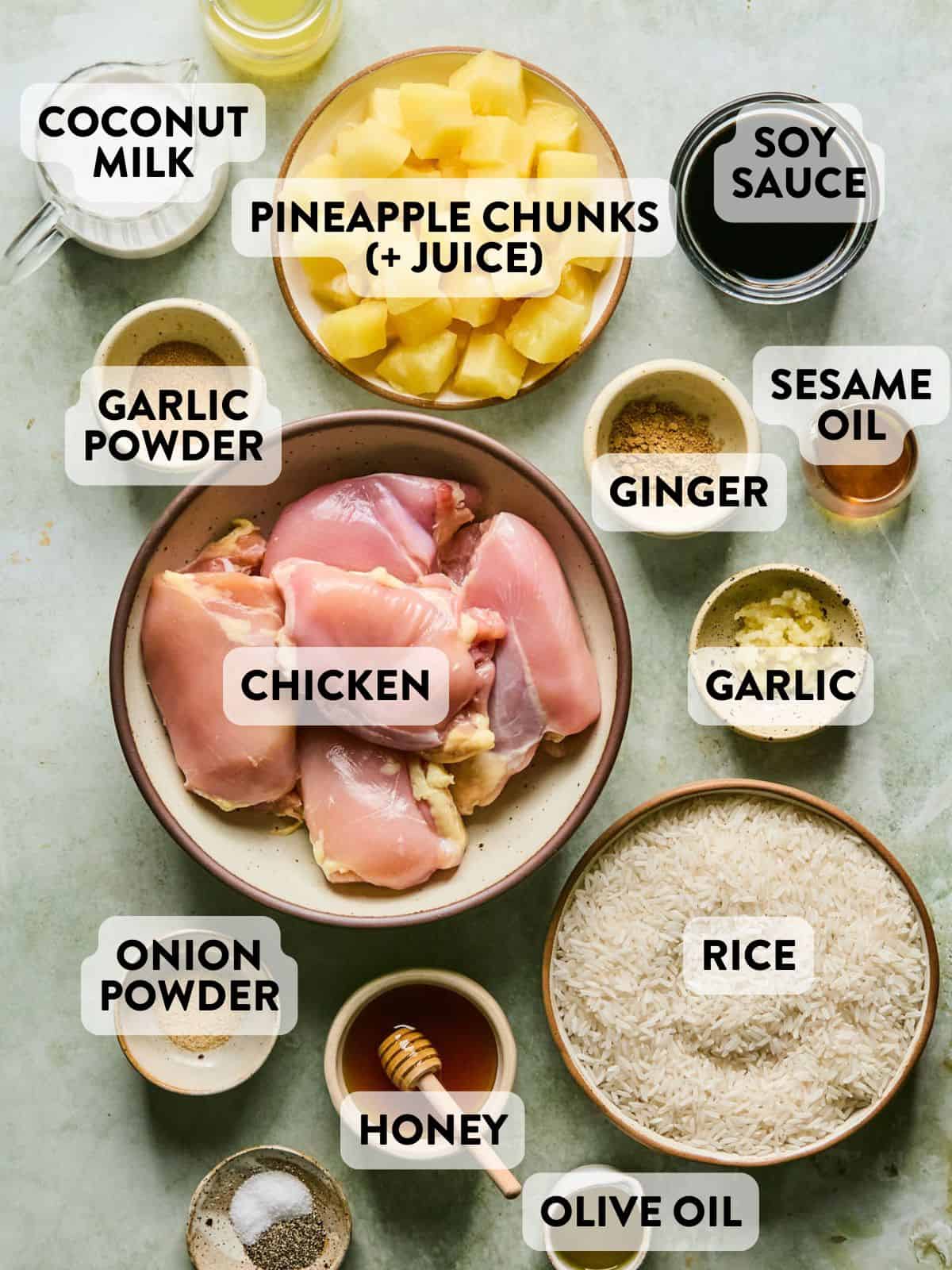 ingredients for hawiian chicken and rice on a counter.