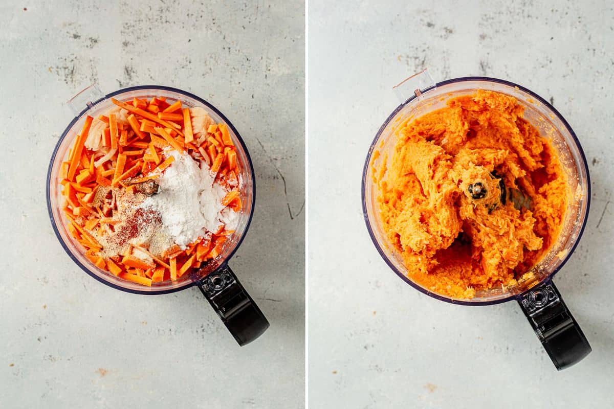 two images showing ground chicken, sweet potatoes, garlic, and cornstarch in a food processor, and then all of it mixed together
