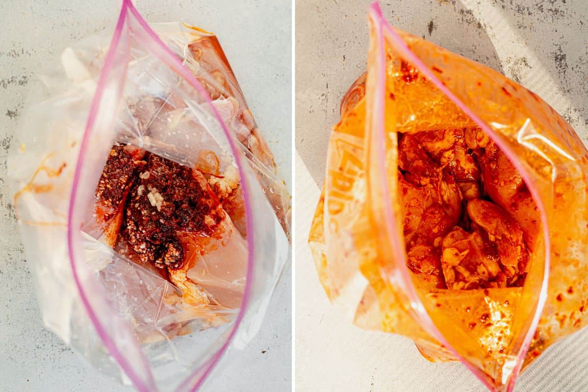 two images showing chicken in a freezer bag with harrissa, honey, and salt, and then it mixed and marinated for a few hours