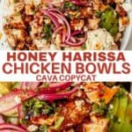 pinterest image showing cava honey harissa chicken bowls with text on top