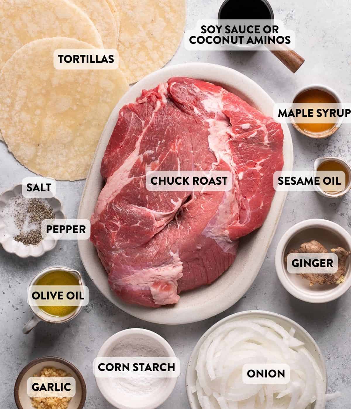 korean beef taco ingredients on a counter