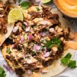 korean beef taco on a counter with spicy mayo