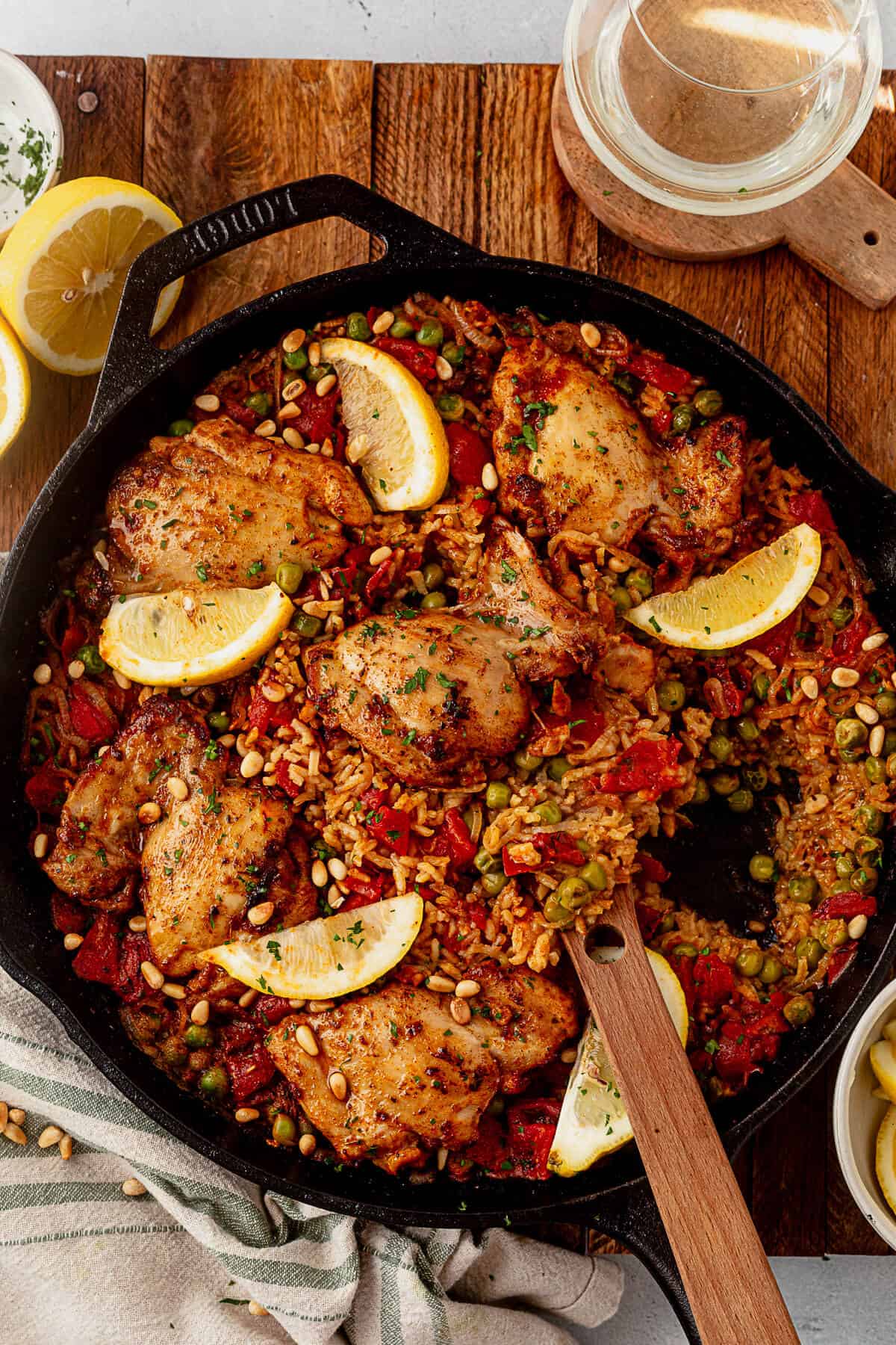 spanish seasoned chicken and rice in a skillet