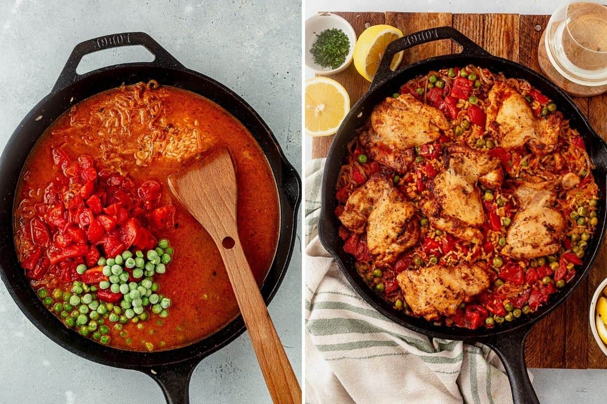 two process photos for how to make spanish chicken and rice in one pan