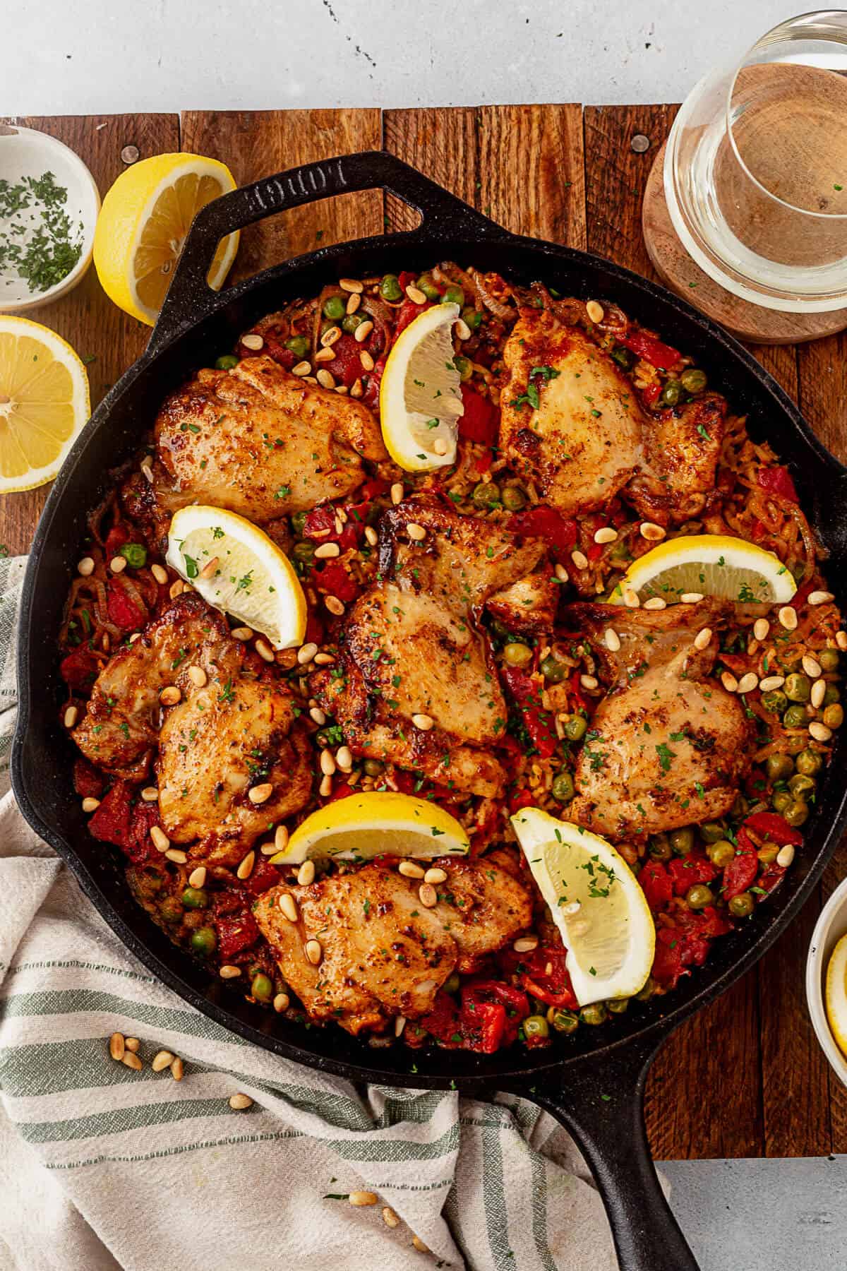 spanish chicken thighs with skillet rice and veggies