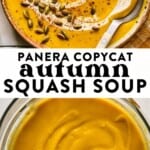 two images of panera autumn squash soup in a bowl and then blending it in the blender.