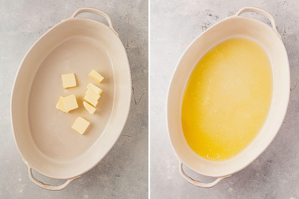 two images showing pats of butter in a 3 quart casserole dish, then after its melted in the oven covering the bottom of the pan