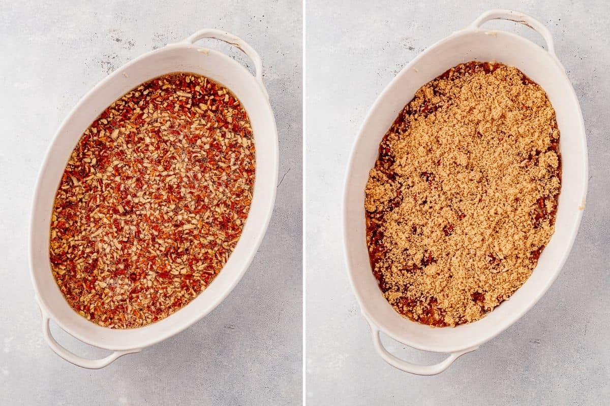 two images showing chopped pecans and hot water on top of unbaked cobbler and then brown sugar coating the top